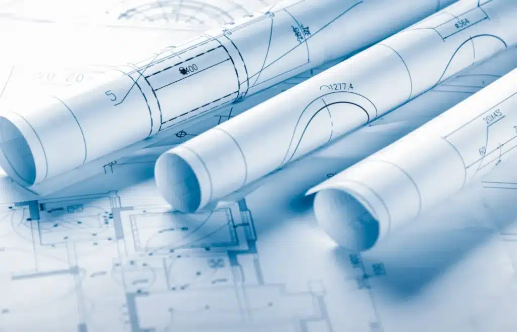 A detailed architectural blueprint showing technical designs and measurements, likely for a building or home layout.